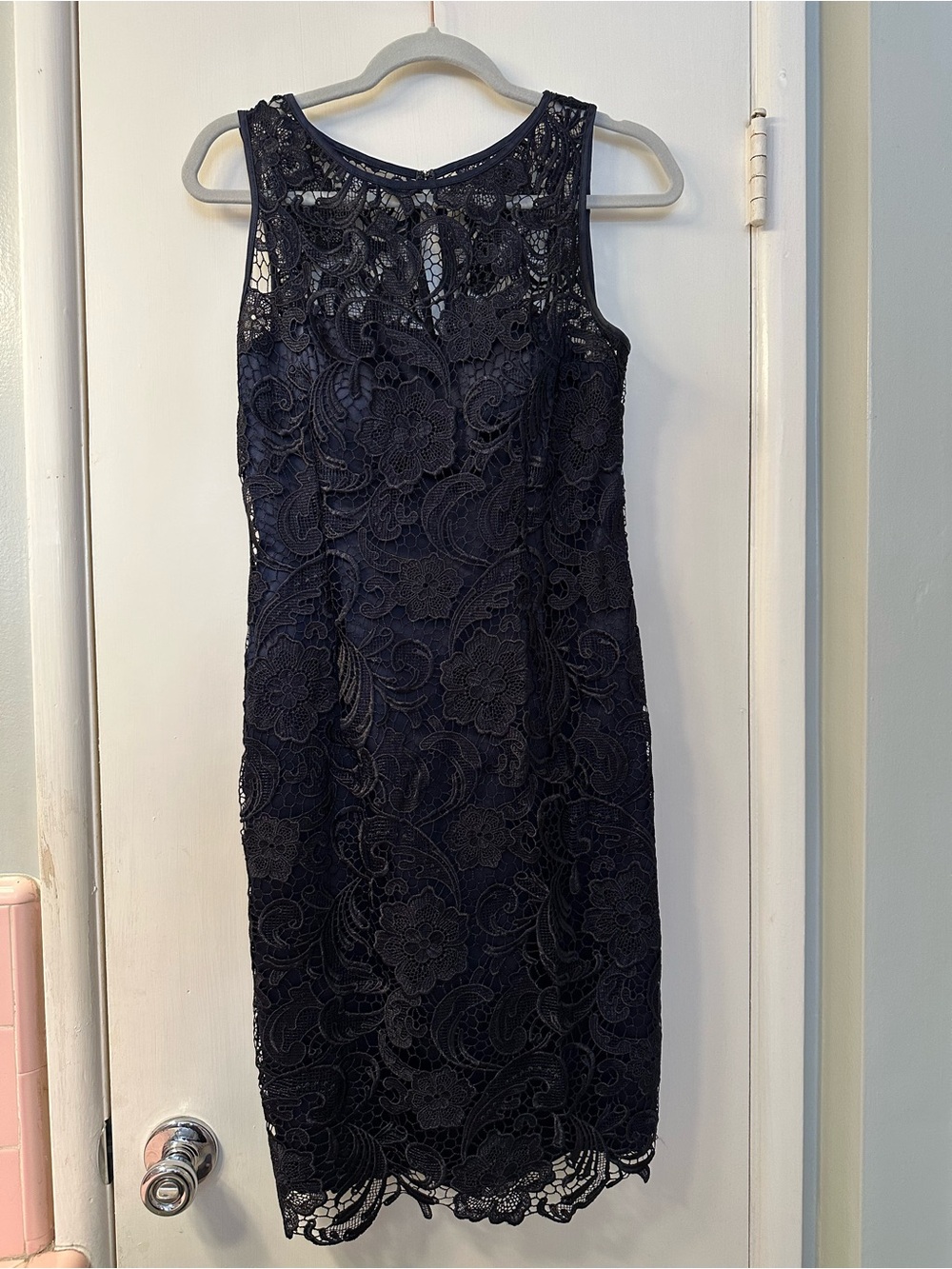 Adrianna Papell Navy Floral Lace Sheath Dress with Scalloped Hem